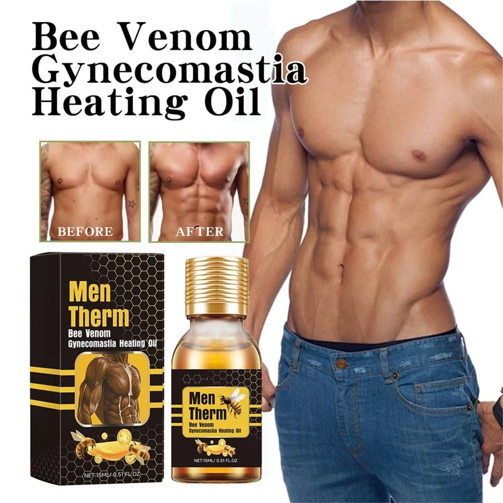 Bee  Gynecomastia Heating Oil,   New Men  Bee  Oil, Eliminates Excess Breast Tissue, Strengthen Chest Muscles 15ml