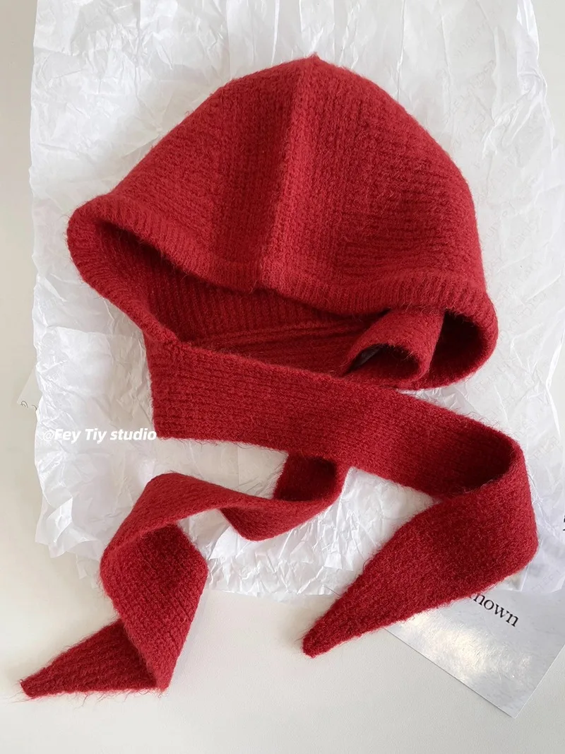 Koreanische Kapuzenschal-Balaclava-Mütze mit Ohrenschutz, warme Mütze für Damen, Retro-Mütze mit Schleife, Winter-Accessoires, gestrickte Mütze. – Detail 4