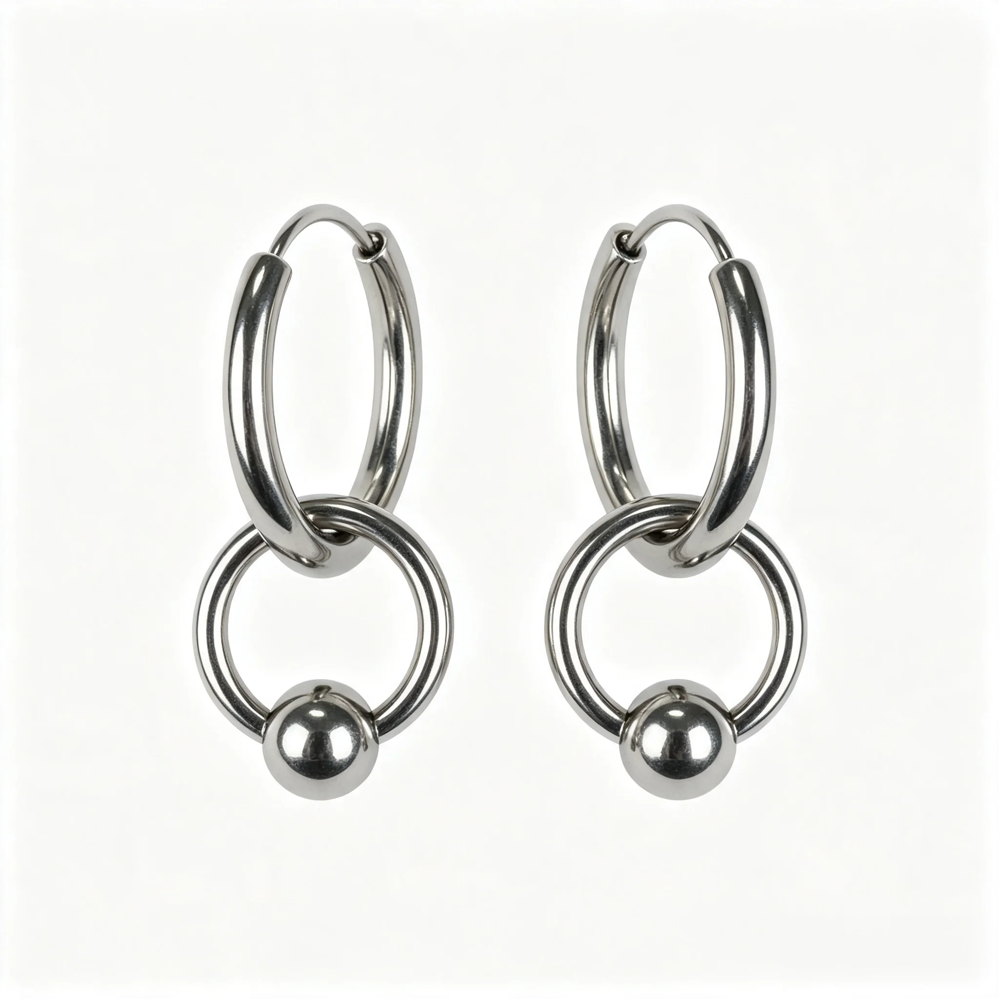 Stainless Steel Interlocking Double Ring Ball Huggie Hoop Earrings Punk Y2K Geometric Statement Jewelry for Women Men ﻿