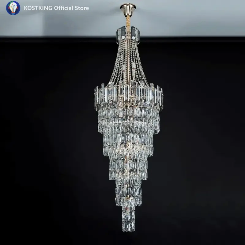 

Luxury Large K9 Crystal Chandelier For Villa Staircase Duplex Building Living Room Ceiling Lamp Gold Rotating Chandeliers