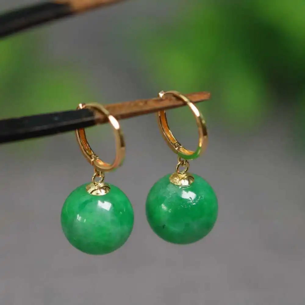 10mm Natural Jadeite Jade Beads Earrings 18k Hook Eardrop Freshwater Jewelry Easter Hook Party Lucky Ear stud New Year