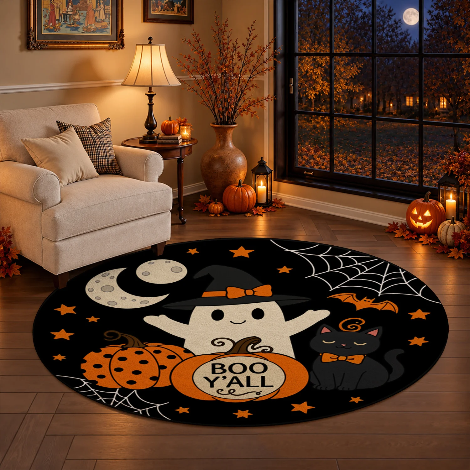 Halloween Boo Y'all Ghost Pumpkin Cat Spider Web Star Pattern Round Velvet Area Rug, Machine Washable, Stays Firmly In Place, Ideal for Entryway, Living Room, Bedroom, Perfect for Halloween, Thanksgiving, Christmas, New Year Home Decor