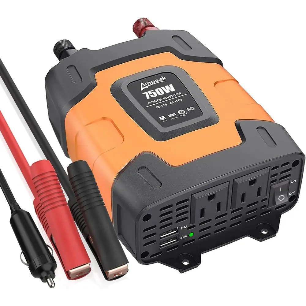 

750W Power Inverter 4.8A Dual USB Ports 2 AC Outlets Car Inverter DC 12V to AC 110V 11 Protections