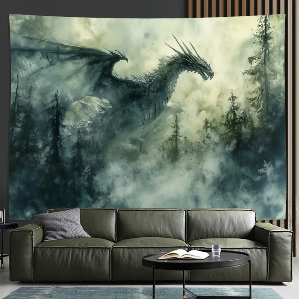 VIKAMA Walddrachen-Wandteppich Dunkle Fantasy-Wandteppiche Tiefgrüner Nebelwald Drachen-Kunst Wohnzimmerdekoration