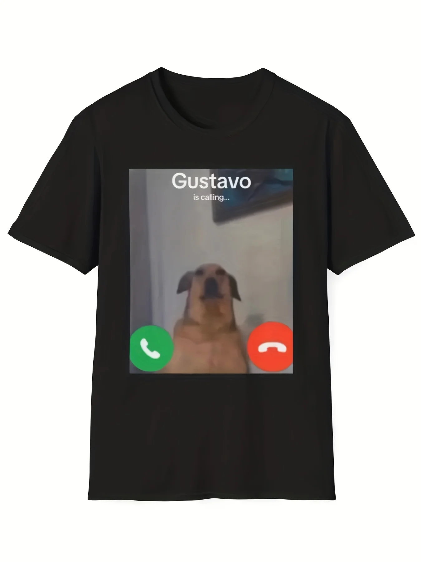 

Gustavo The Dog'S Funny Phone Call Graphic T-Shirt Casual Short Sleeve Round Neck Tee with "Gustavo Is Calling" Text Unisex