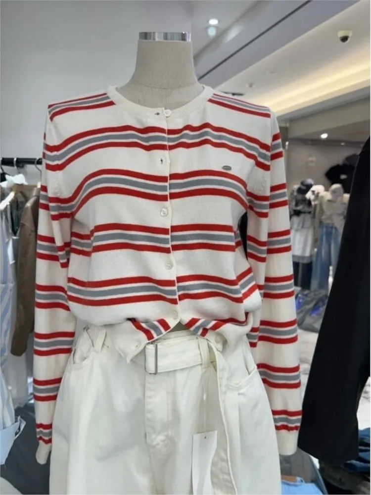 Classic Striped Knitted Cardigan Women's Autumn Round Neck Cotton Soft Design Button Sweater Vintage Sweet Preppy Style Sweaters view 2