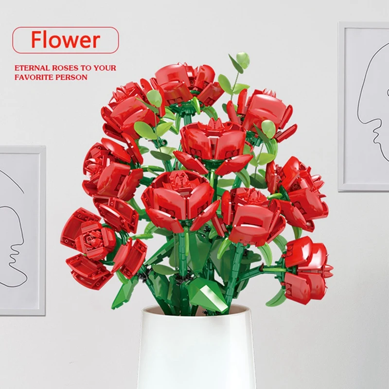 บล็อกอาคาร Rose ประกอบช่อดอกไม้ Building Block Bouquet เครื่องประดับวันเกิดวันวาเลนไทน์สําหรับแฟนของเล่น