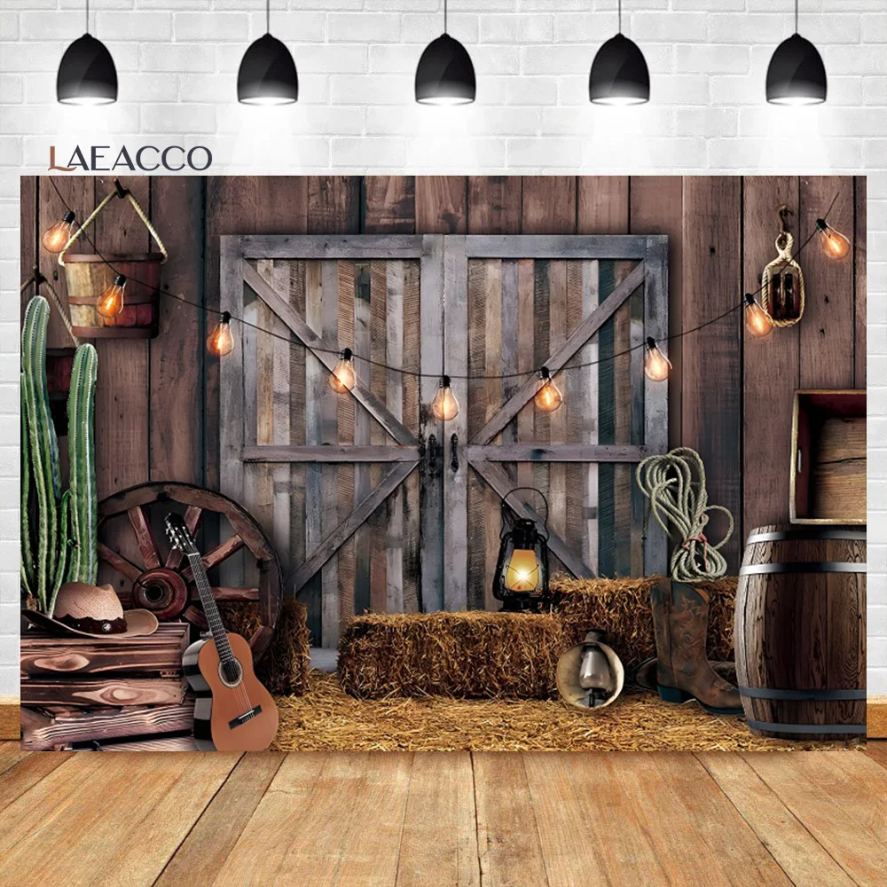 Laeacco West Cowboy Themed Backdrop Boots Hat Wheel Wood Board Saloon Boy Kids Baby Shower Party Portrait Photography Background