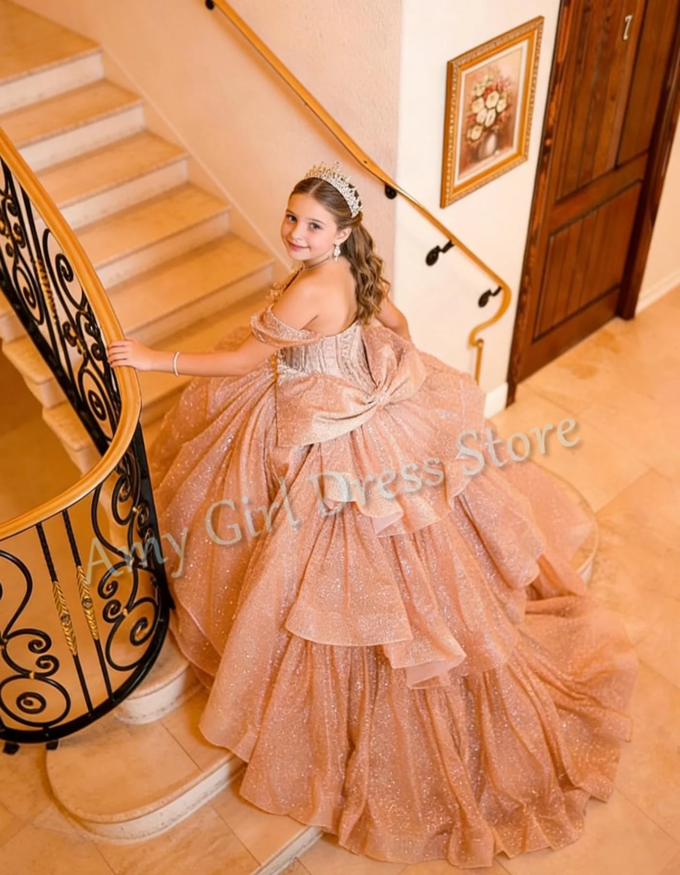 Elegant Flower Girl Dress For Wedding Glitter Tulle Tiered Floor Length Princess Pageant First Communion Prom Gown Customized