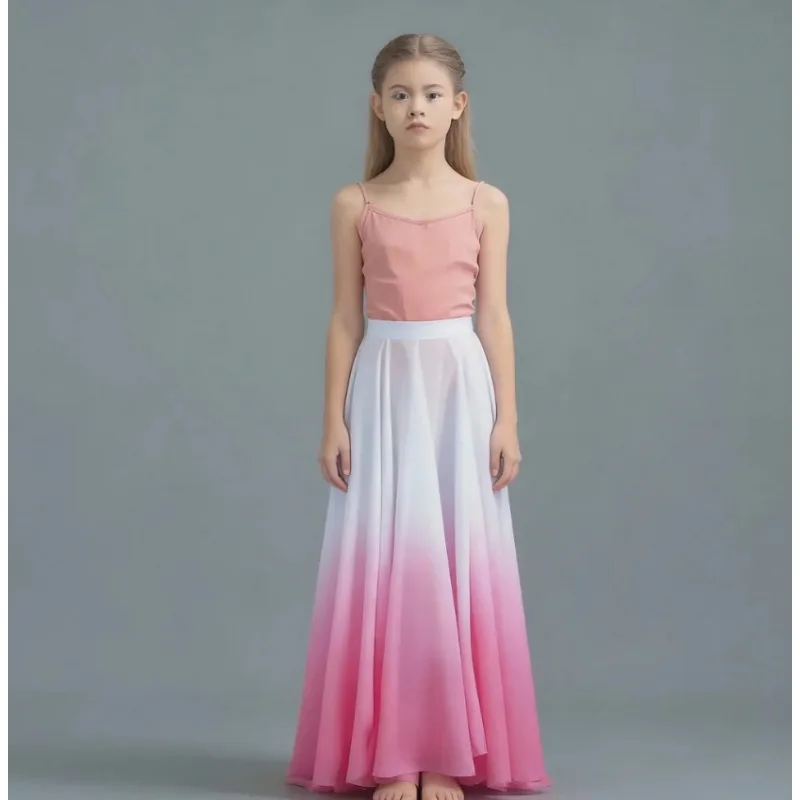 

Классическая танцевальная юбка из шифона с градиентным эффектом для девочек, длинная юбка с широкими оборками 720 градусов, этническая современная юбка для выступлений в стиле фламенко