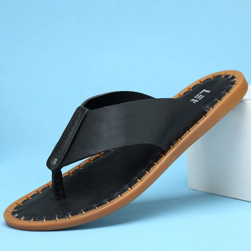 

Authentic Cow Leather Men's Flip Flops Slippers Comfortable Breathable Summer Sandals Fashionable Casual Footwear