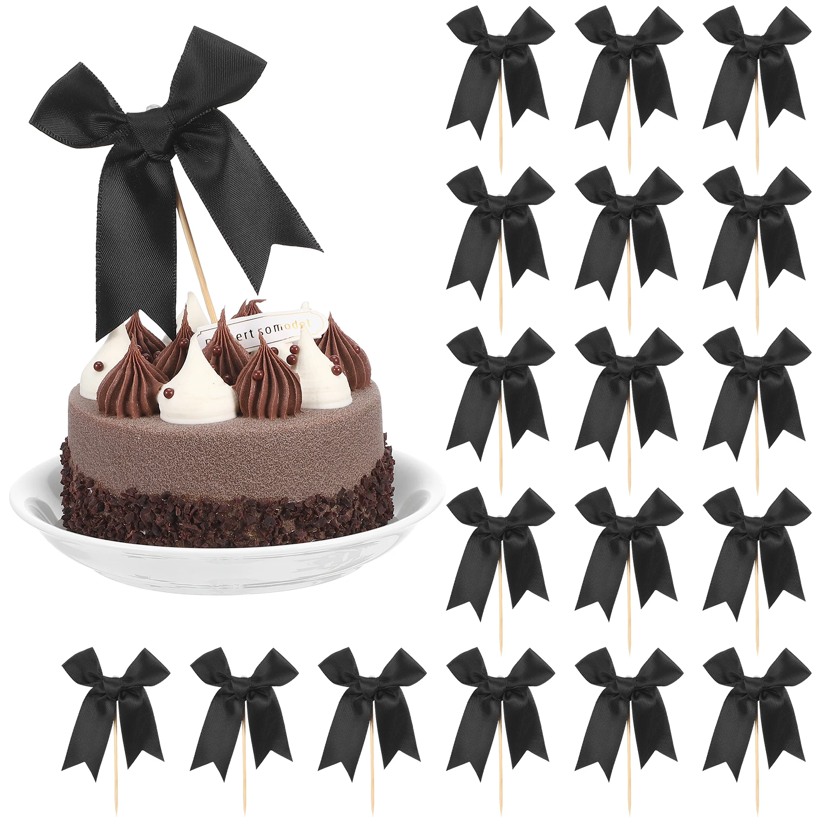 

20pcs Bow Cake Toppers Elegant Polyester Ribbon Decorations Birthday Wedding Bridal Shower Cupcake Picks Cake Decorations