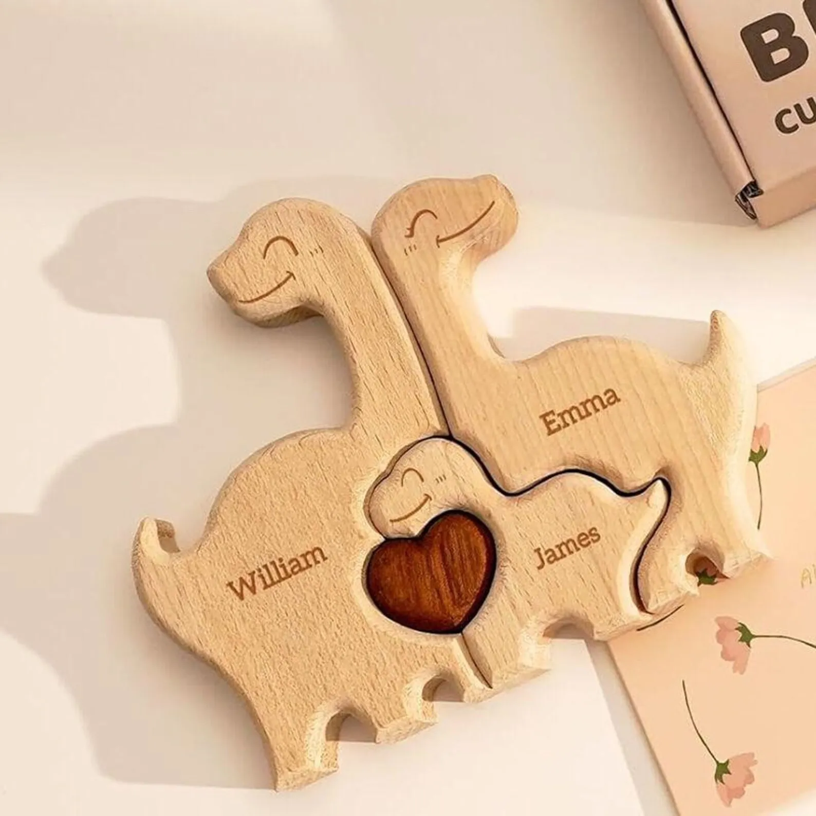 Custom Dinosaur Shaped Wooden Family Art Puzzle Personalized Carving Unique Home Decor Trendy Gift for Family Members Kids Room