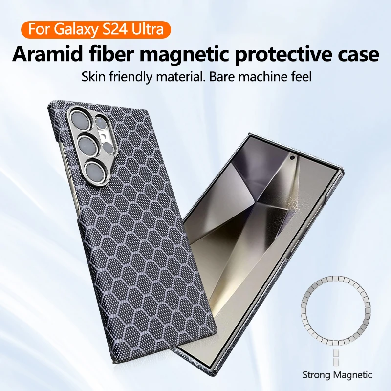 Magnetic Carbon Fiber Phone Case For Samsung Galaxy S24Ultra Magsafe Charging Metal Camera Protection Shockproof Cover For S24U