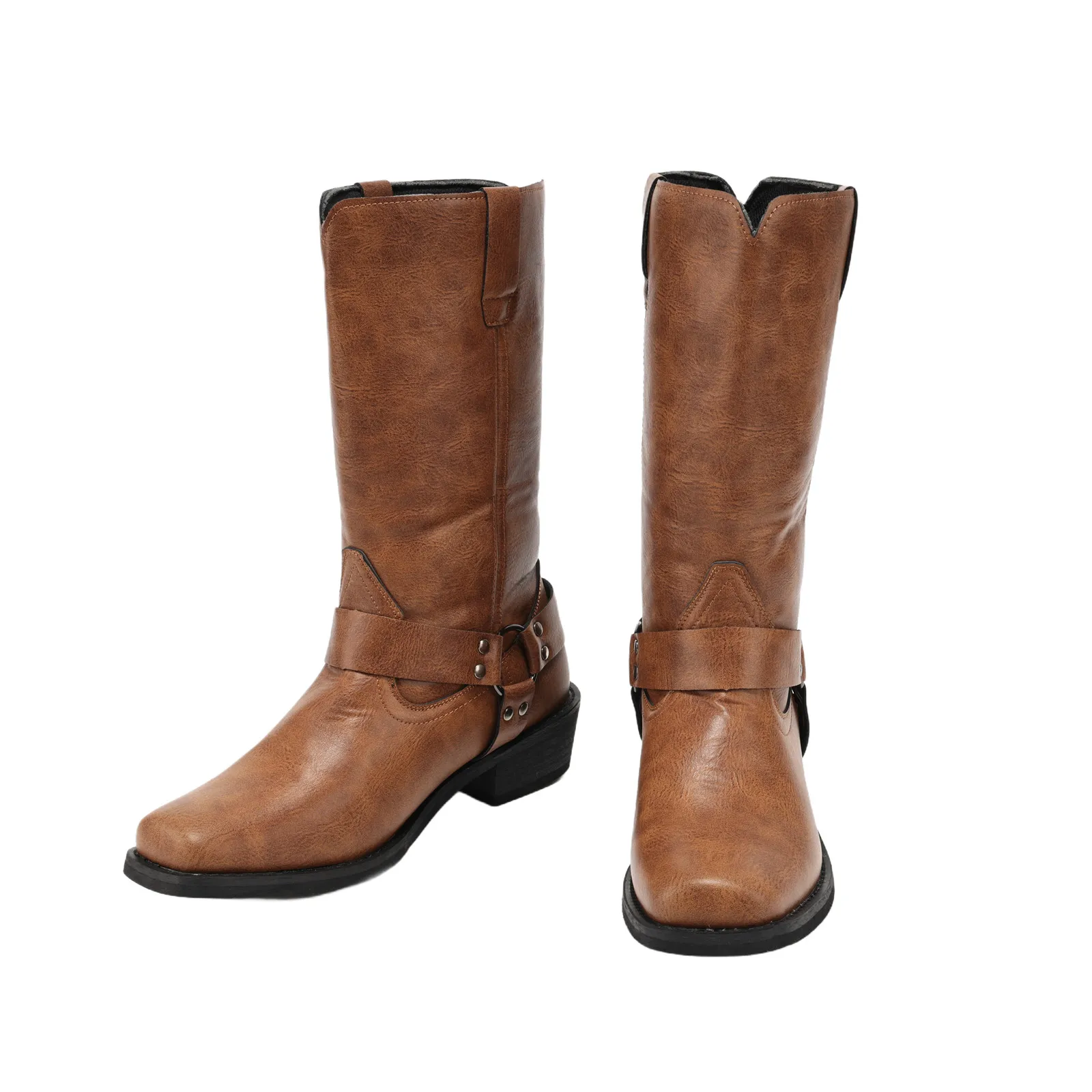 Botas de equitação retrô masculinas, botas de cowboy ocidentais, couro pu fosco, fivela de cinto, rebite, salto de madeira, sola de borracha