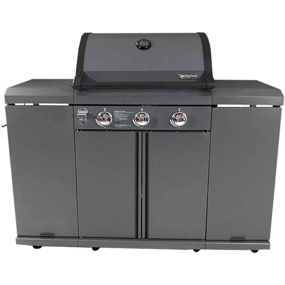 3-burner propane gas barbecue stove, 42000 BTU stainless steel cabinet style barbecue stove with folding preparation table BBQ