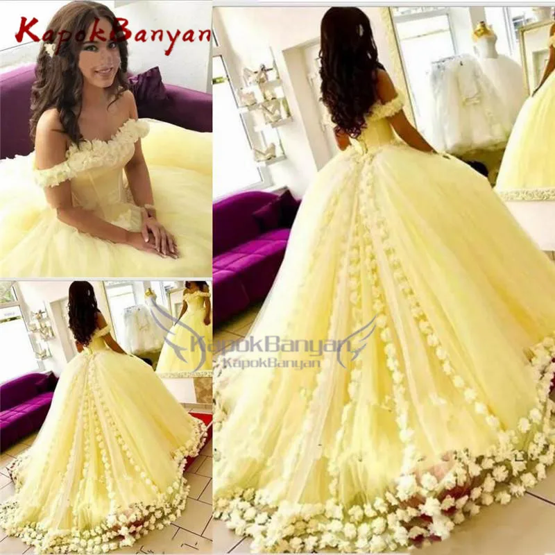 

Gorgeous Ball Gown New Arrival Sweet 16 Party Dress Yellow Sweet Girl Skirt Off Shoulder 3D-Floral Appliques Prom Dress