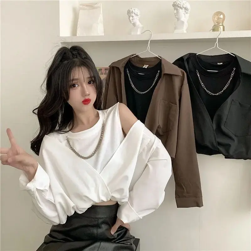 White Shirts Women Baggy Off Shoulder Temper Camisa Pure Fake Two Piece Minimalist Hotsweet Korean Fashion Clothing Spliced Crop