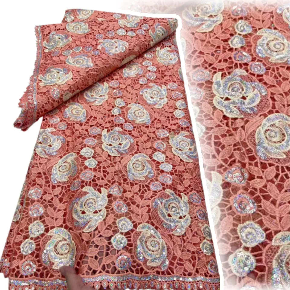 

Mustard Green African Guipure Cord Lace Fabric Sequins Chemical Lace Fabric Water Soluble Lace for Women Evening Dresses AH1474