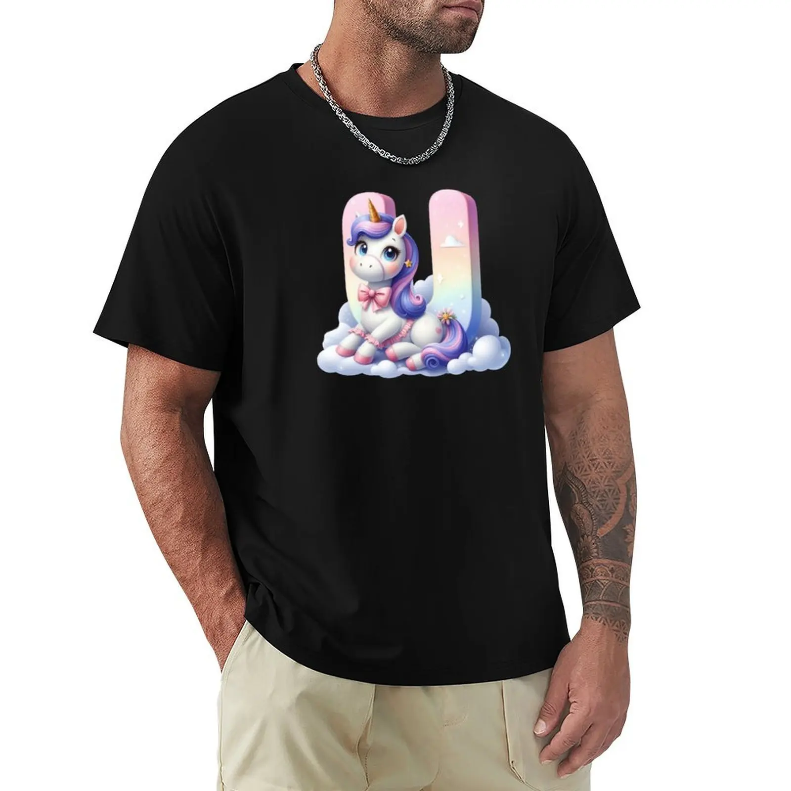 Unicorn kawaii alphabet monogram letter U T-Shirt Casual Lightweight Short Sleeve Top