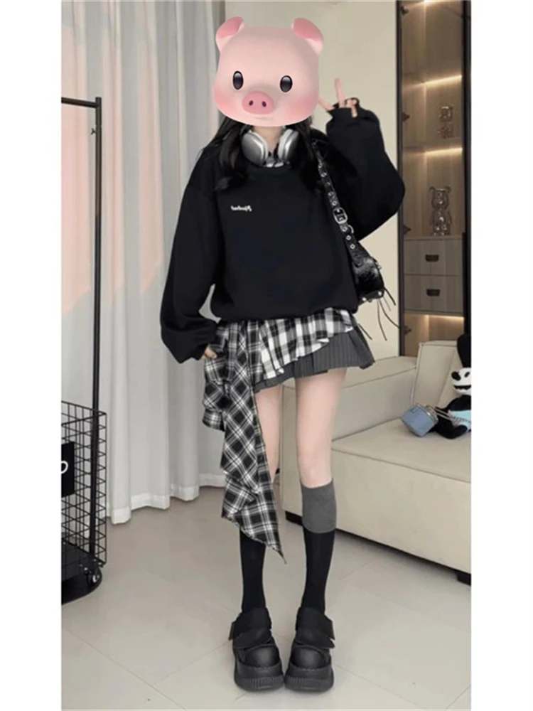 

Корейский дизайнерский свитшот с эффектом двухслойности и клетчатыми вставками для женщин, весенняя новинка, модный топ для похудения, трендовый