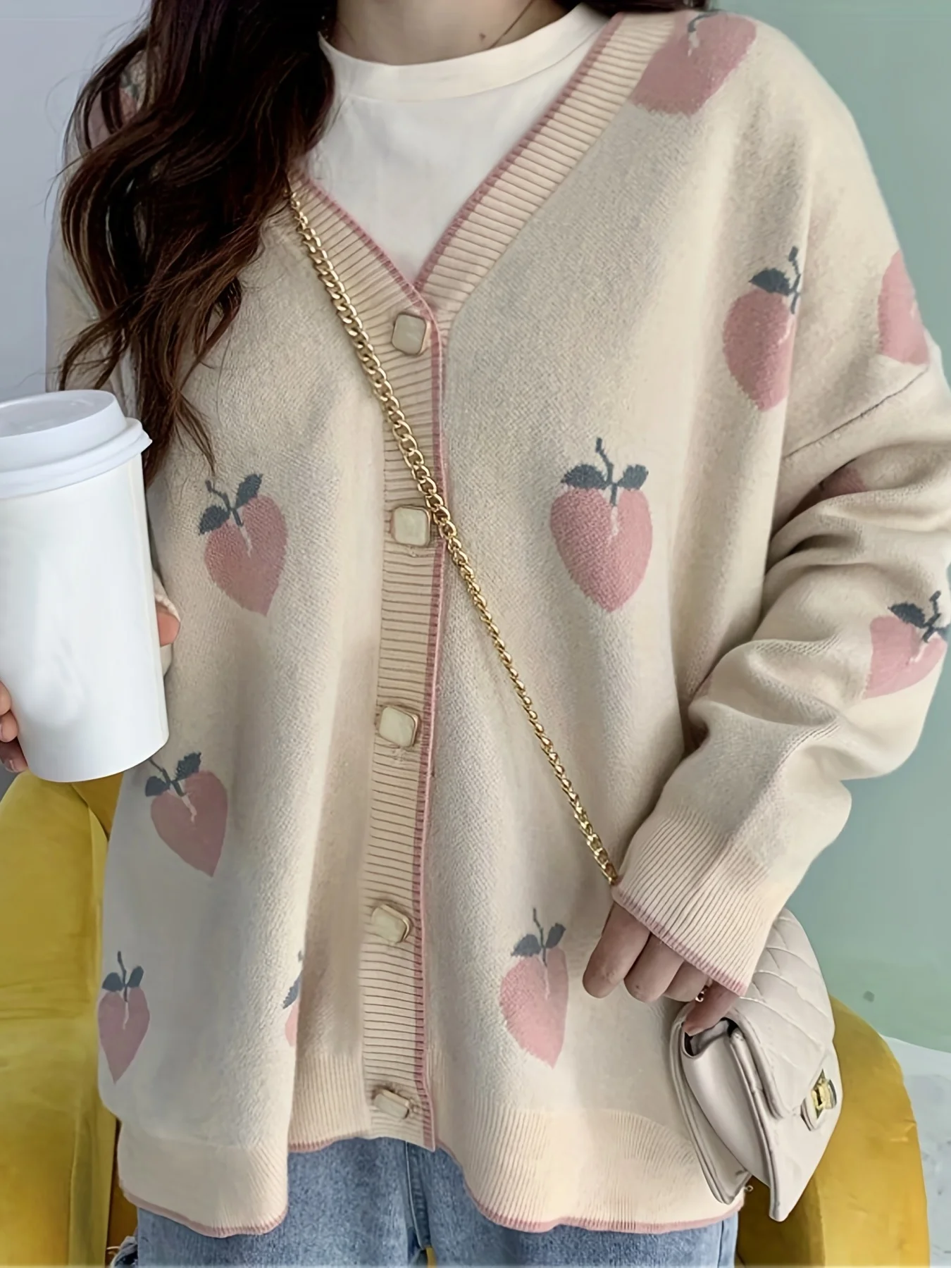 Women\'s Kawaii Peach Graphic Print V Neck Knit Cardigan Long Sleeve Casual Every Day Sweater For Winter