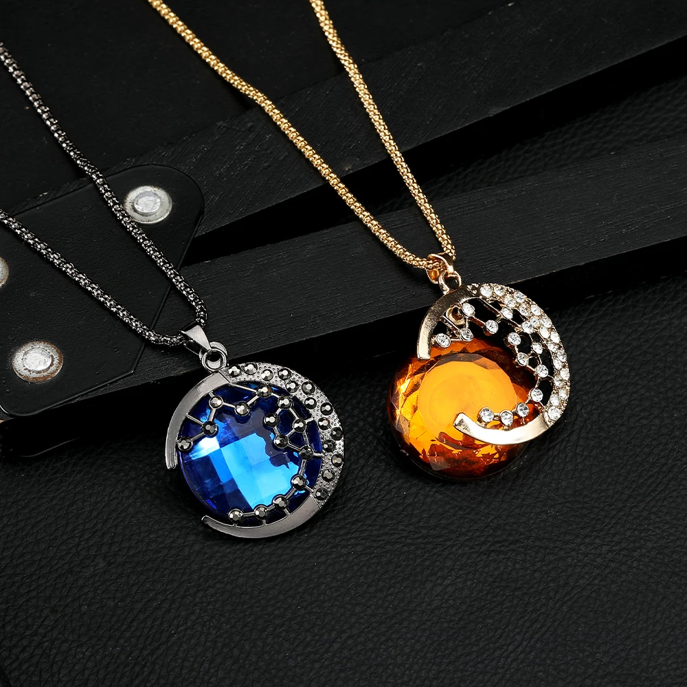 Blue Tawny Colors Crystal Moon Shaped Pedant Necklace Popcorn Chain