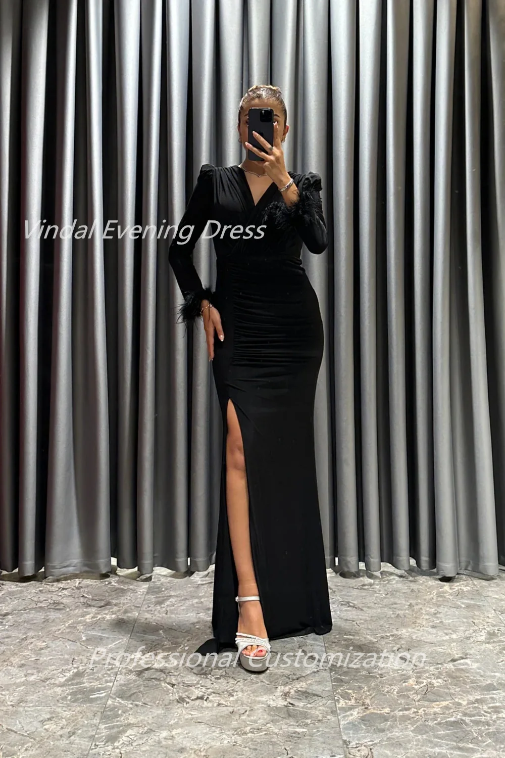 

Vindal Evening dresses A-Line Crepe Feathers Pleat Floor-Length Long-sleeve luxurious Elegant Exquisite السعود For Woman 2024