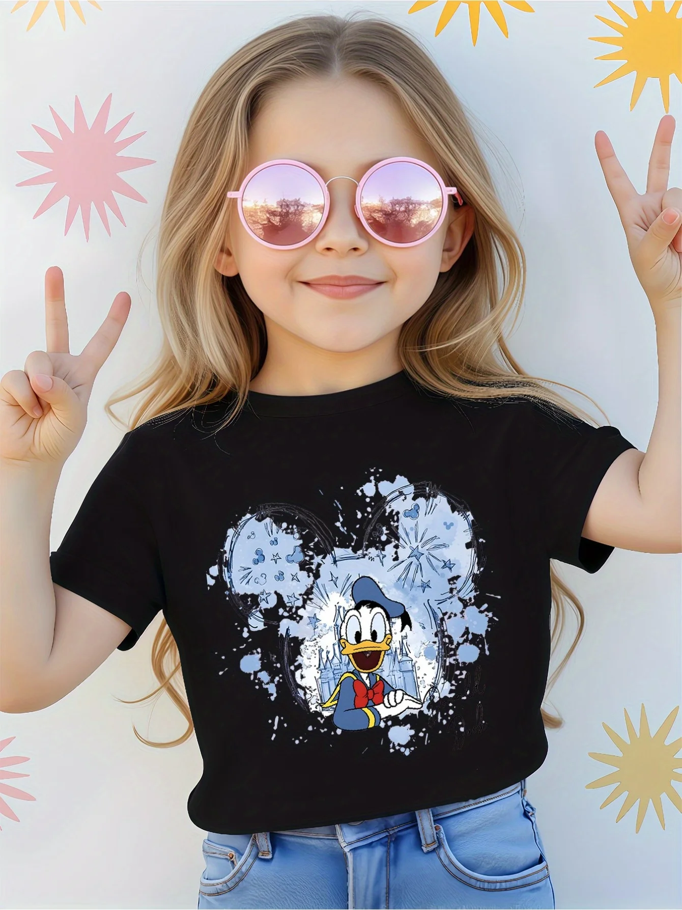 

2025 New Disney Pattern Printed Children's Street Fashion Trend Short Sleeve Pure Cotton Round Neck T-shirt