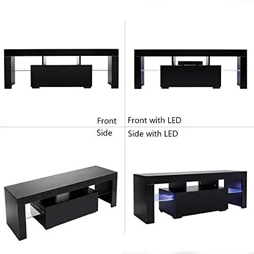 حامل تلفزيون حديث وبسيط مع LED، حامل تلفزيون وطاولة وحدة تحكم مركزية للترفيه لغرفة المعيشة، لتلفزيون مقاس 51 بوصة (أسود)