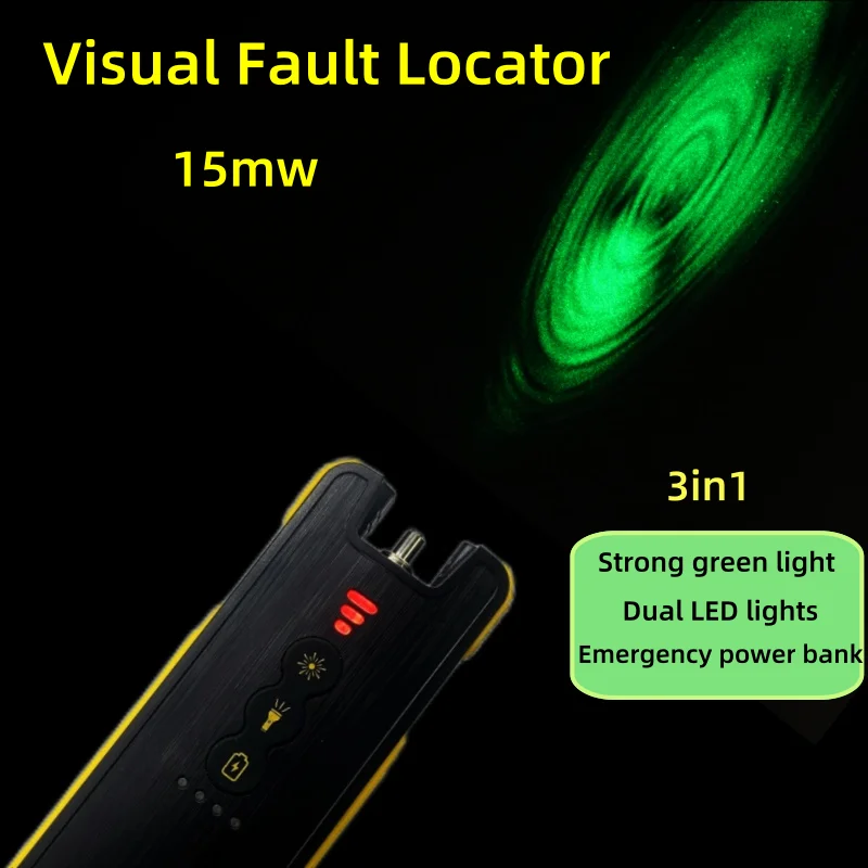 FTTH 3-in-1 Fiber Green Light Pen 15mw Optic Fiber Visual Fault Locator 3200mAh Battery Power Bank Double LED Lighting SC ST FC