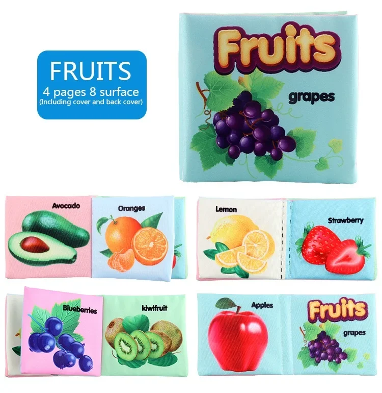 6 stks/set 3D visuele babydoek boek leuke Fruit Dieren Cognize Puzzel Boek Scheurbestendig Kinderen Vroeg Leren Stof Boeken nieuwe