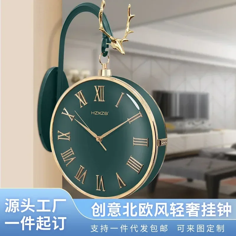 Light luxury double-sided quartz hanging clock home modern fashion silent wall clock living room personality creative decoration