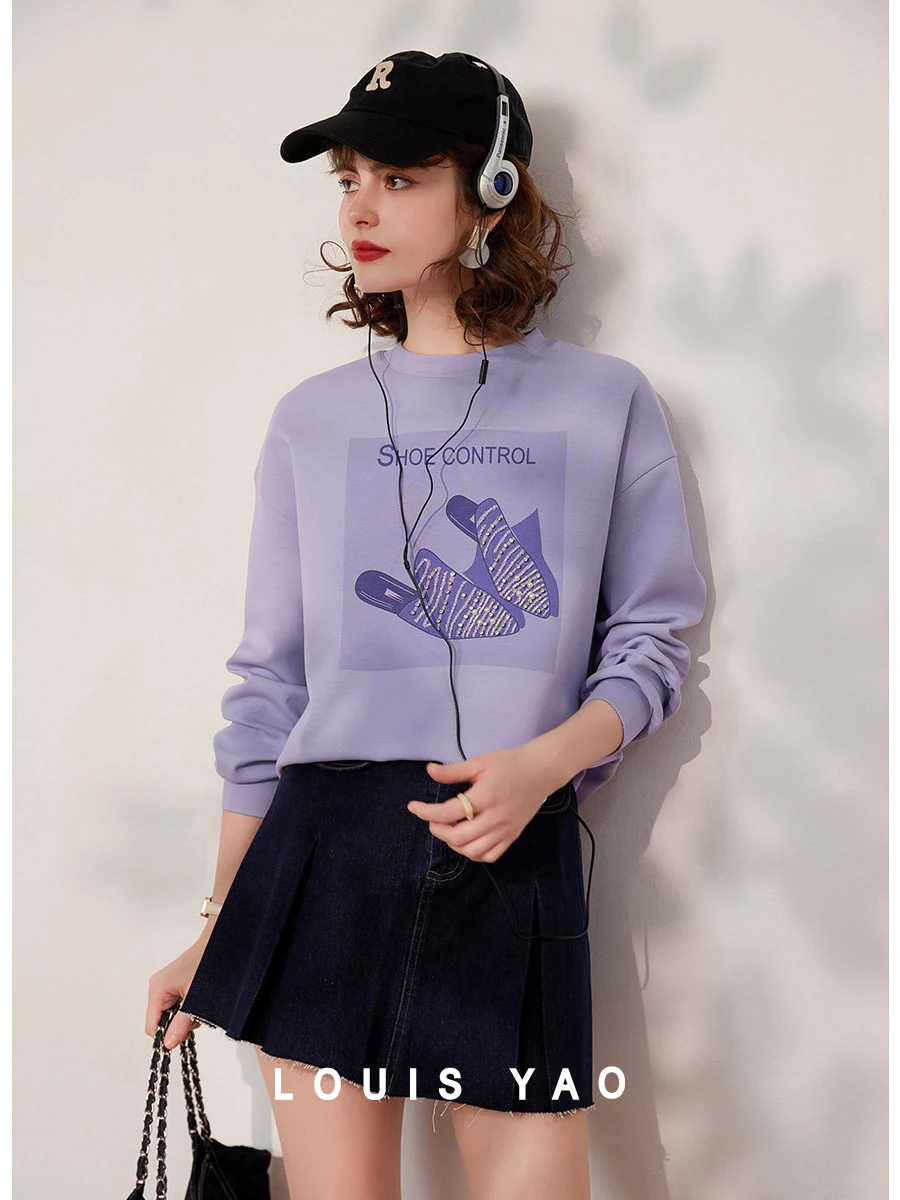 LOUIS YAO Women Sweatshirt 2024 Spring Print Beading Fashion Round Neck Long Sleeve Loose Fit Casual Purple White Pullover Top