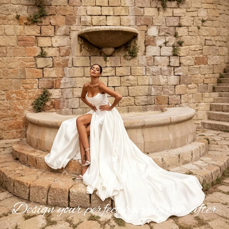 Minimalist Satin Bridal Gown Strapless High Slit Chapel Train Lace‑Up Back Vestidos De Novia Customized
