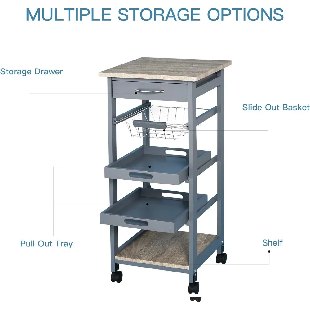 عربة مطبخ متنقلة مع مساحة تخزين، عربة أدوات دوارة مع درج وسلال، إطار خشبي رمادي #3