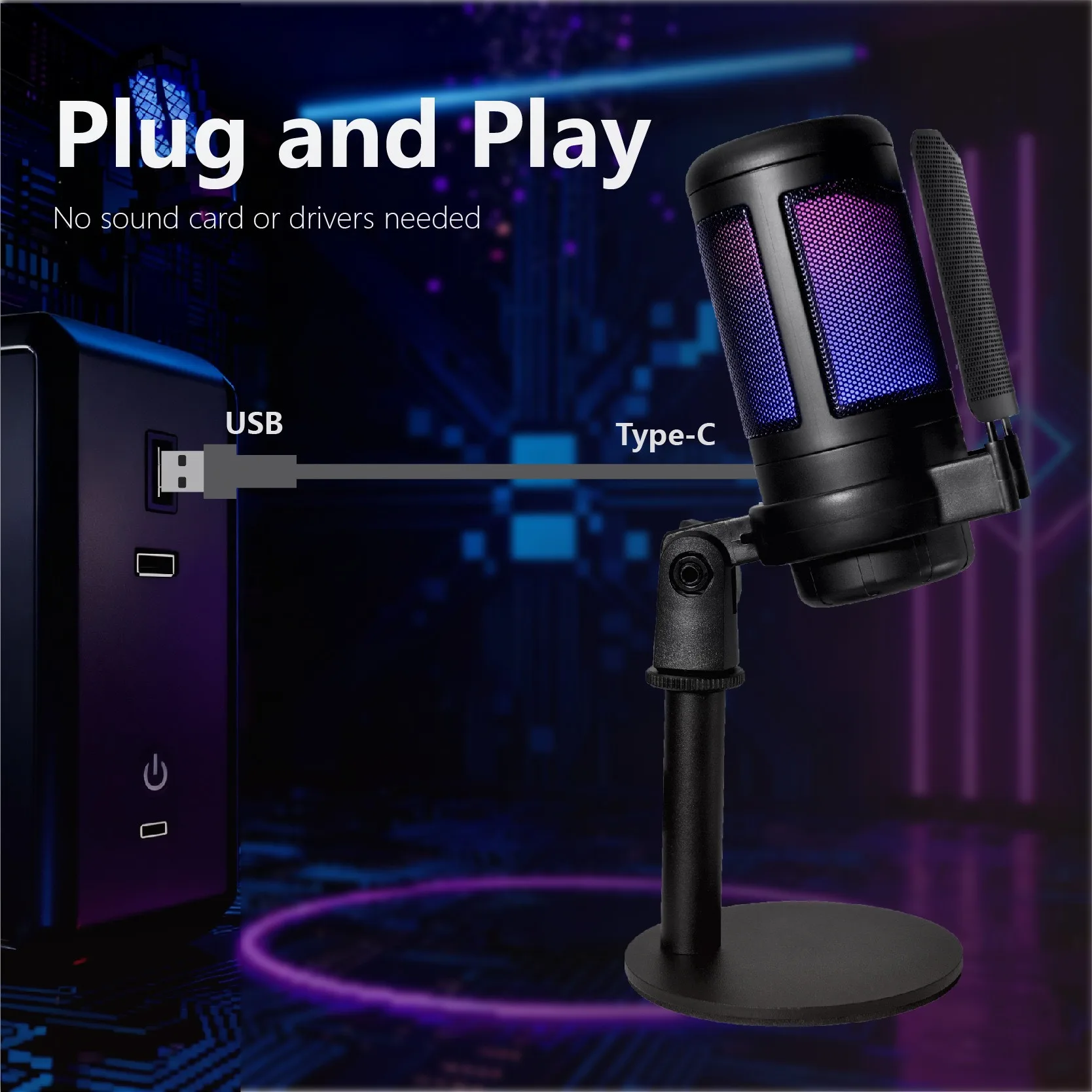 RGB USB Microphone for PC Gaming with Headphone Output Touch-Mute Button Noise Cancellation - Recording Streaming Mic