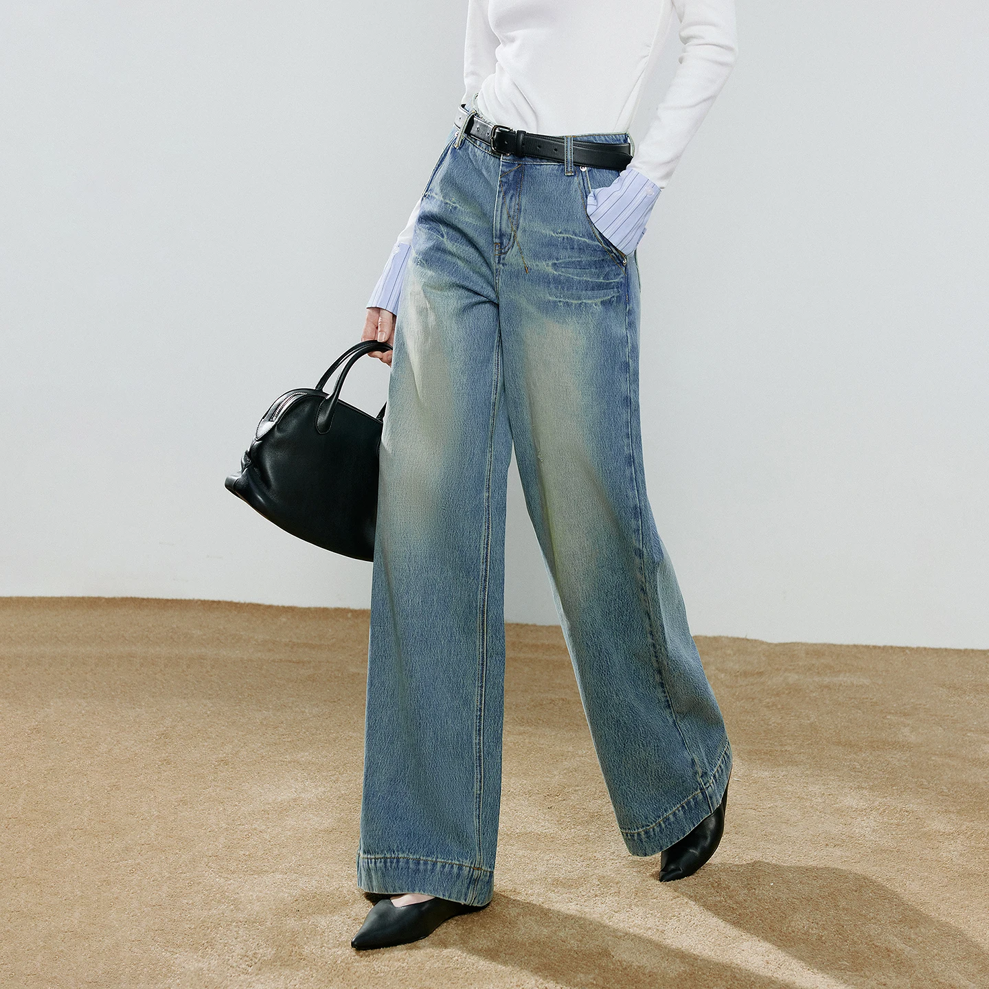 TOYOUTH Women Focus Denim 2026 Spring New Vintage Light Blue Faded Pleated Distressed Cotton Wide-Leg Pants