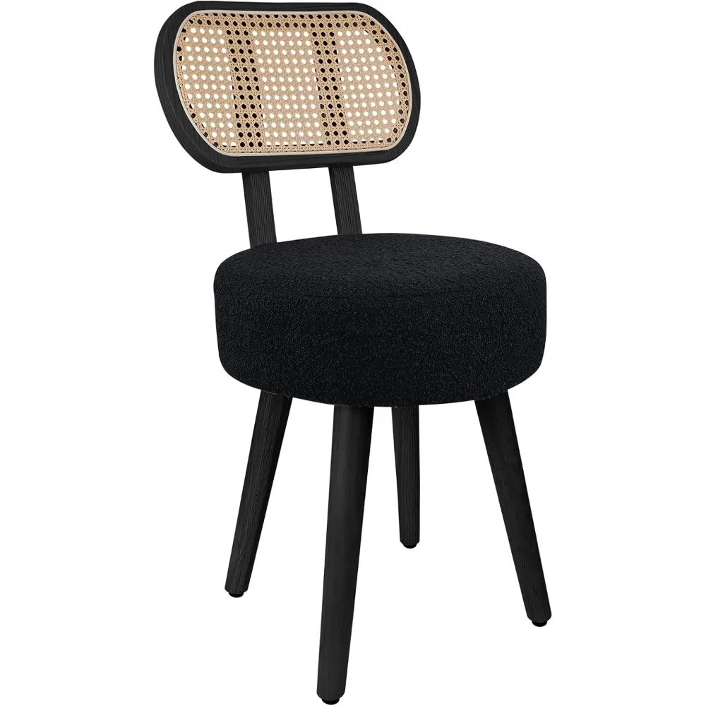 

Mid Century Modern Rattan Chair, Bohemian Vanity Seat for Makeup Area, Stylish Boucle Dining Chair, Sleek Black Cane Chairs