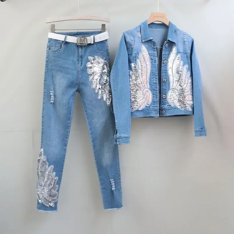 

Spring Summer New Trendy Cool Personality Fashionable Pant Set Sequined Wings Denim Short Jacket + Pants