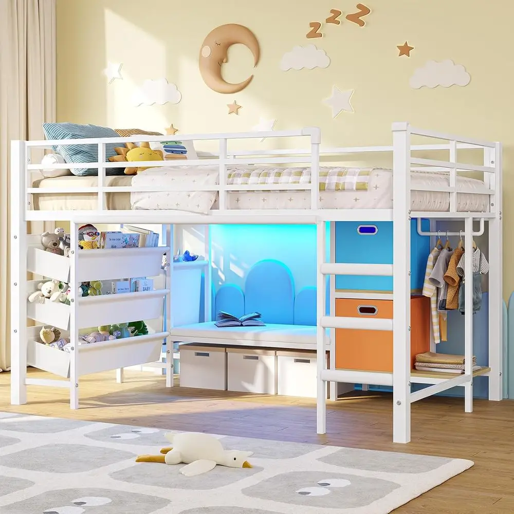 

Loft Bed Twin Size with Reading Corner, Metal Twin Loft Bed with LED Lights, Sling Drawers, Bookshelf, Storage Basket and Bins,