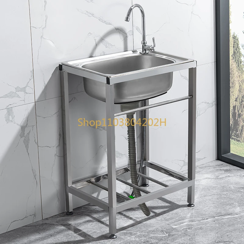 Stainless Steel Sink Kitchen Household Washing Vegetables Basin Single Sink Simple Pool Vegetable Washing Sink with Bracket