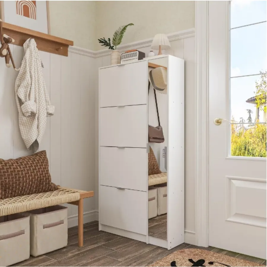 

Деревянный шкаф для хранения обуви с зеркальной дверью, органайзер для обуви, 4 ящика для прихожей, спальни, прихожей, подходит для обуви до 28 обуви