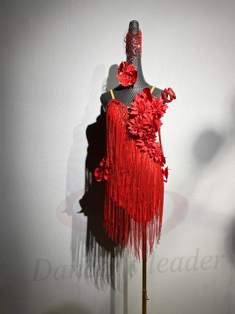 الرقص اللاتيني AB Stone أنثى الكبار الأطفال الراقية مخصصة كبيرة زهرة حمراء فستان أسود بركة السامبا أداء اللباس