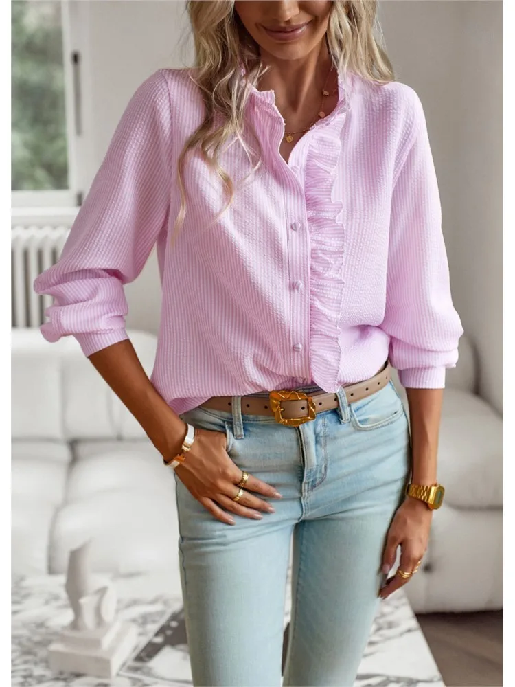 Autumn Women Solid Top Blouses New Fashion V Neck Long Sleeve Button Office Casual Tops Shirt Female Elegant Holiday Shirts