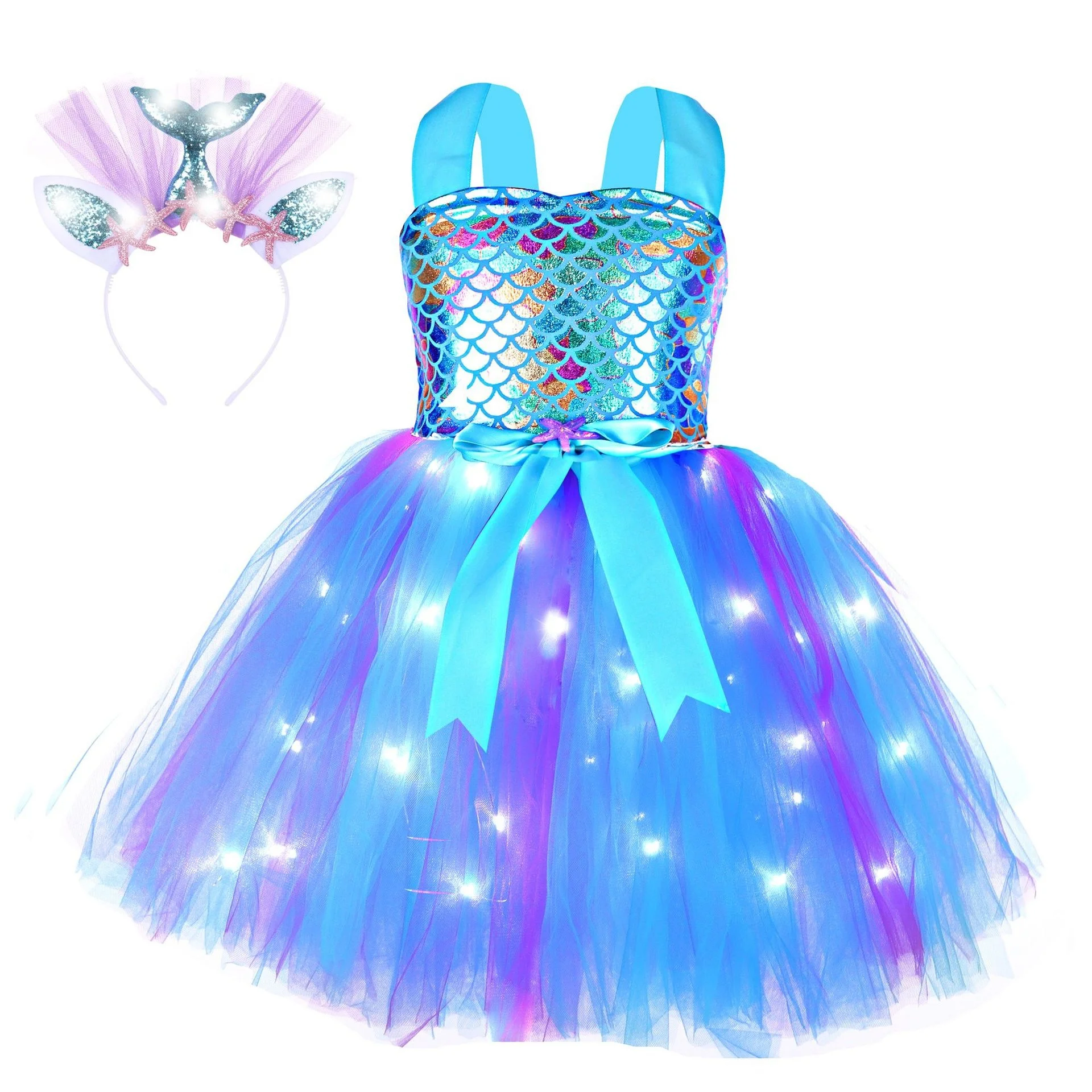 Vestido led sereia tutu crianças vestidos de festa de aniversário pequena sereia trajes de princesa para halloween ano novo vestir-se roupa