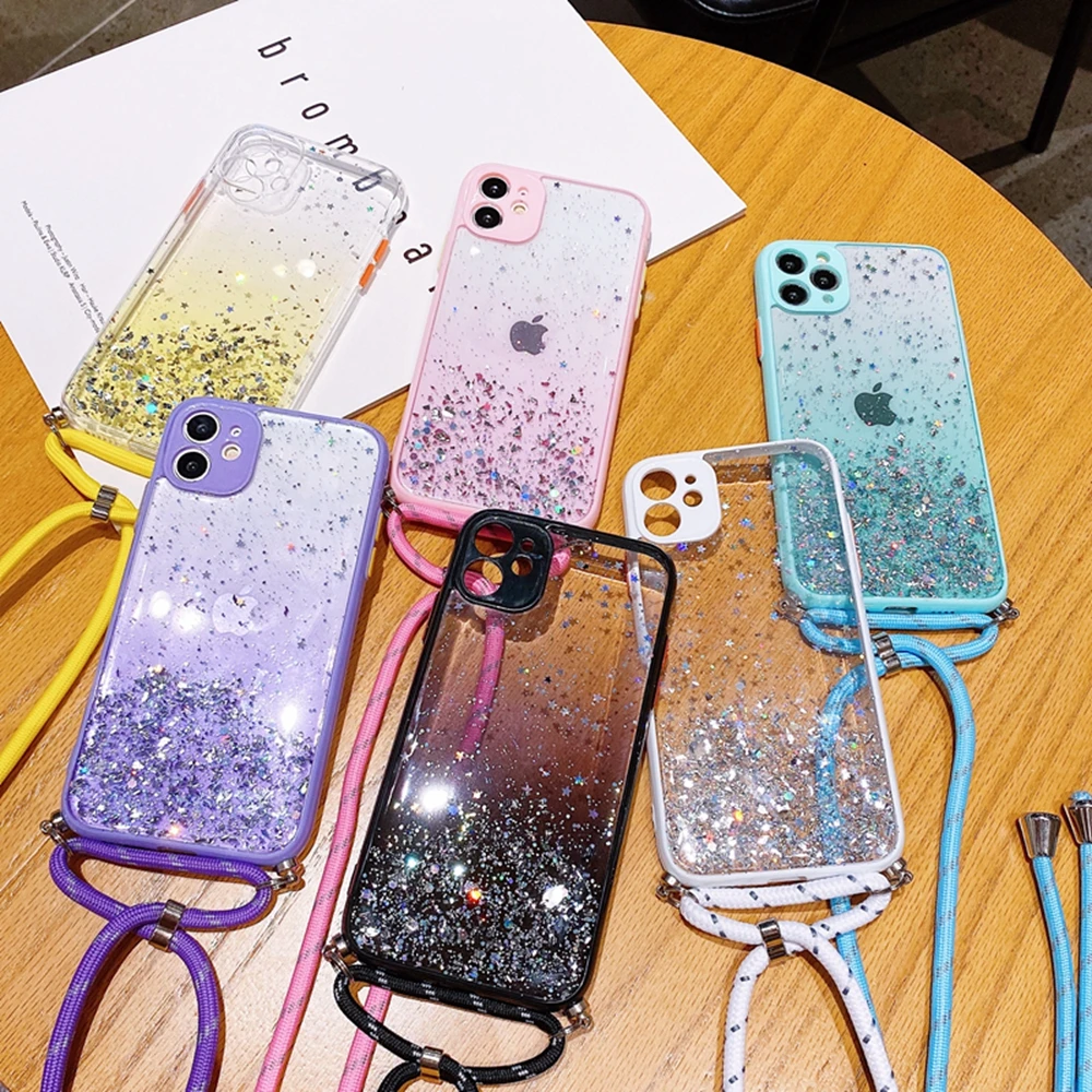 Bling Glitter Strap Cord Chain Necklace Crossbody Case For iPhone 13 12 Mini 11 Pro XS Max X XR 6 6S 7 8 Plus SE 2 Lanyard Cover