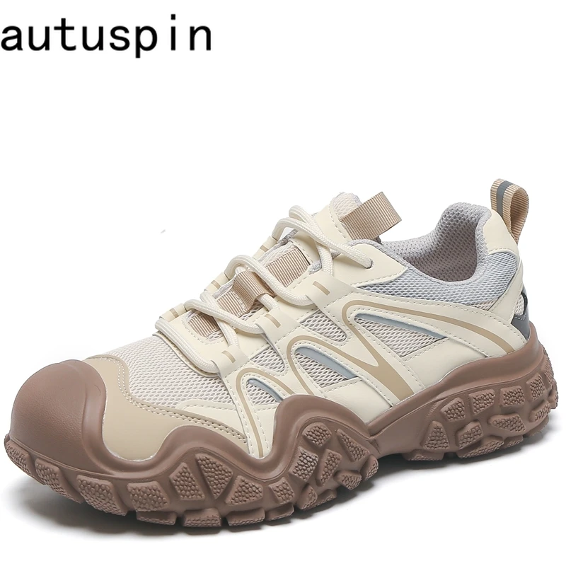 Autuspin Retro Round Toe Women Shoes Autumn New Arrival 4cm Platform Chunky Ladies Sports Shoes Outdoor Climbing Leisure Shoes