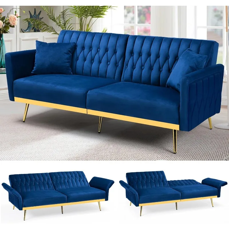 70” Velvet Futon Sofa Bed w/Adjustable Armrests and Backrest, Convertible Futon Couch w/2 Pillows, Modern Sleeper Bed for Living