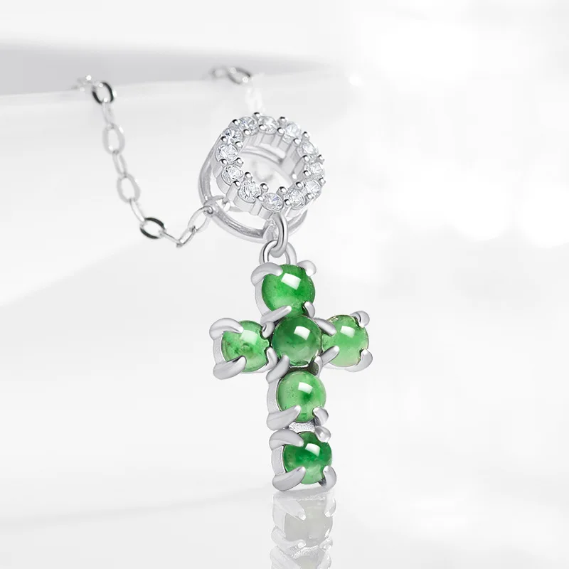 Green Burmese Jadeite Cross Pendant Necklace Natural Gemstone Talismans 925 Silver Burmese Jade Vintage Luxury Gifts for Women